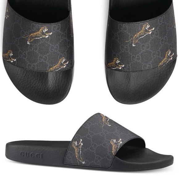 GUCCI SHOES MENS GG SUPREME CANVAS LOGO TIGER SLIDES SANDALS Size 9/ US 9.5 - Picture 1 of 15